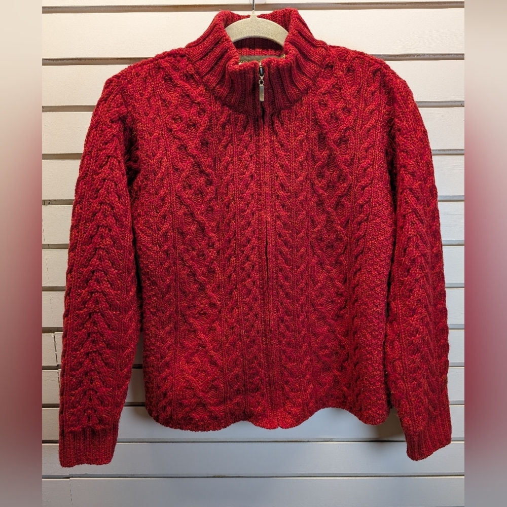 Inis Crafts 100% merino wool full-zip cable knit cardigan sweater Size XL  EUC
